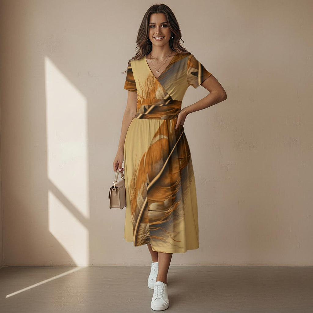 All-over Print Women's Short Sleeve V Neck Midi Dress