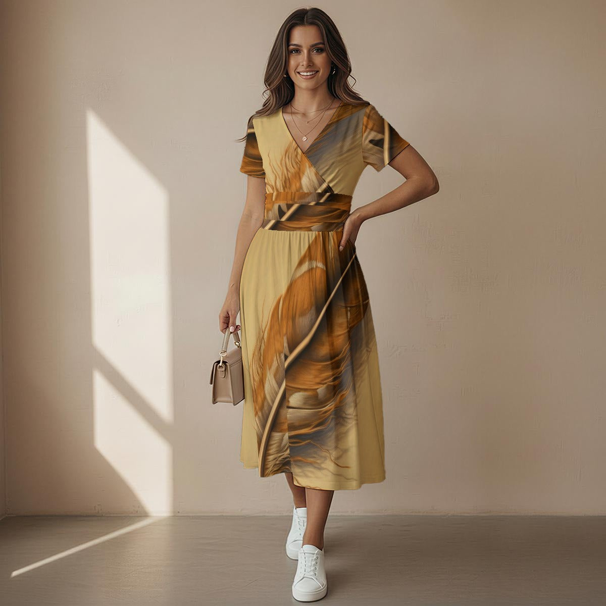 All-over Print Women's Short Sleeve V Neck Midi Dress
