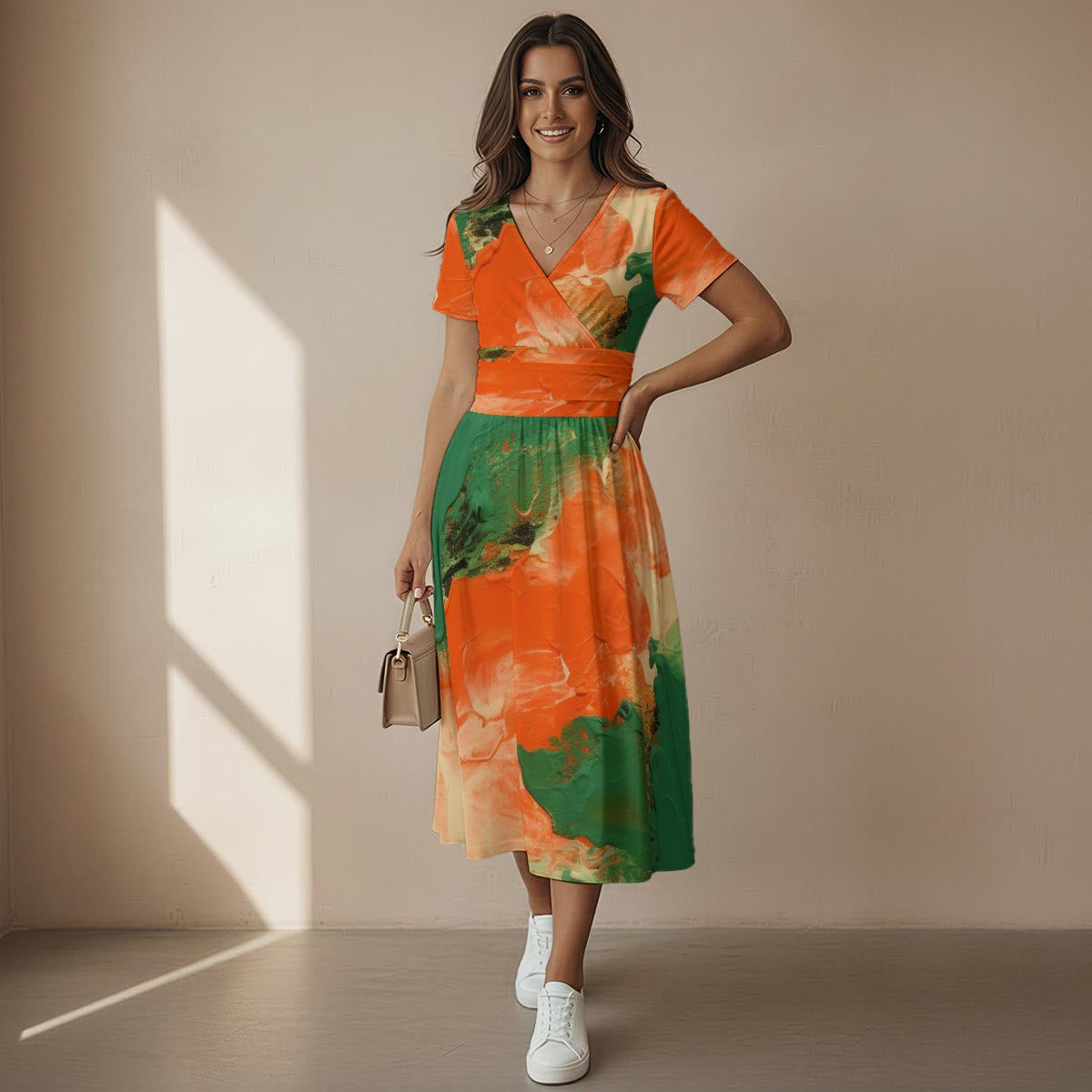 All-over Print Women's Short Sleeve V Neck Midi Dress