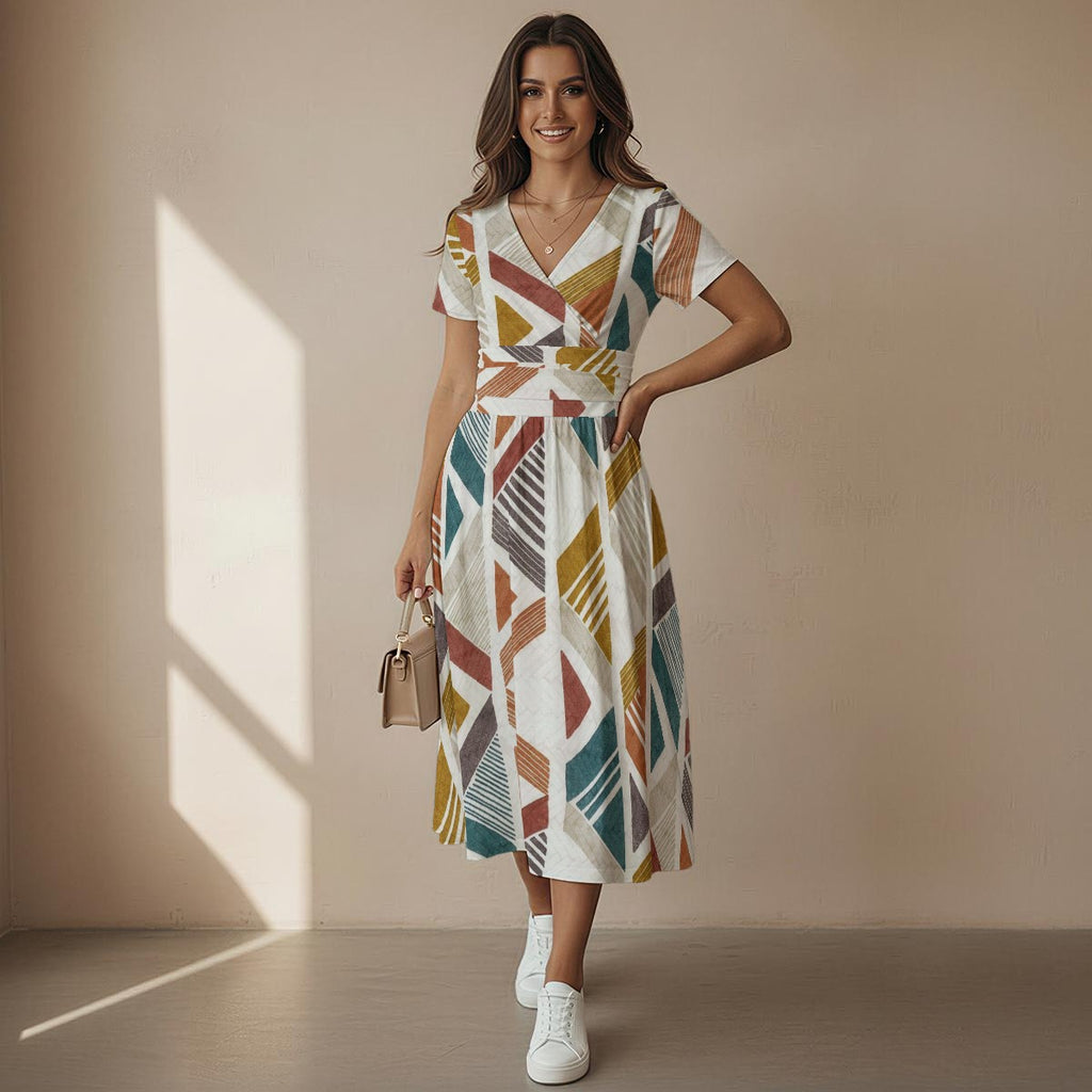 All-over Print Women's Short Sleeve V Neck Midi Dress